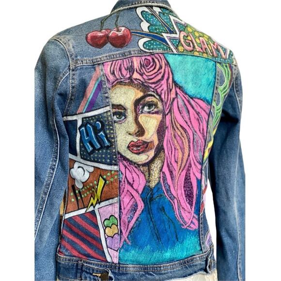 Custom Painted Blue Jean Jacket Original Pop Art style  size extra small - Picture 5 of 6